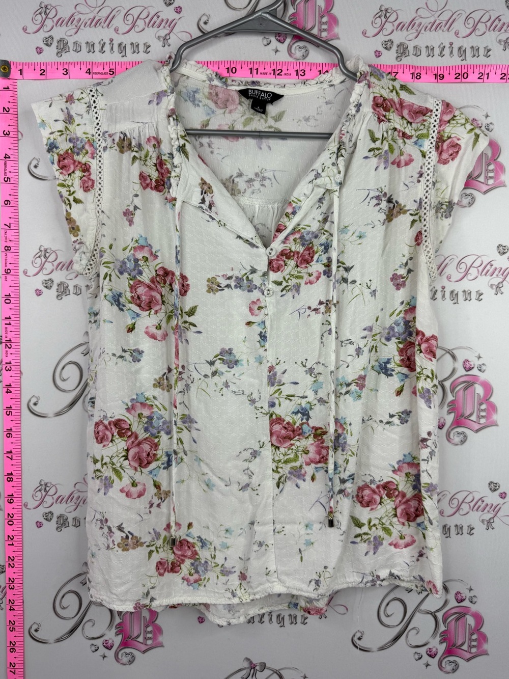 Buffalo David Bitton White Floral Cap-Sleeve Button Front Blouse